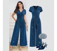 Pantaloni larghi eleganti e casual da donna con vita svasata, manica corta, scollo a V, maglia aderente ed elastica, adatti per feste e occasioni quotidiane. Tuta corta con maniche corte, lucida in bl