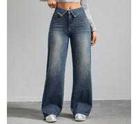 Pantaloni larghi in denim blu con colletto alla coreana e vita larga, adatti per l'estate, le vacanze, la Pasqua, la primavera, lo stile occidentale, l'ufficio, il rave, il festa di nascità, lo stile 