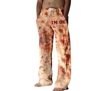 Pantaloni leggeri per Halloween, da uomo, per il tempo libero, pantaloni da jogging, con schizzi di sangue, in lino, lunghi, giallo., 3XL