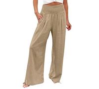 Pantaloni Lino Donna a Vita Alta Larghi Gamba Dritta Elastica Comoda Pantaloni Palazzo Donna Estivi Pantalone da Spiaggia Elegante Traspirante Tinta Unita Estivi Casual Pants con Tasche (Khaki, XXL)