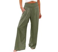 Pantaloni Lino Donna a Vita Alta Larghi Gamba Dritta Elastica Comoda Pantaloni Palazzo Donna Estivi Pantalone da Spiaggia Elegante Traspirante Tinta Unita Estivi Casual Pants con Tasche (Green-2, XXL)