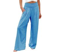 Pantaloni Lino Donna a Vita Alta Larghi Gamba Dritta Elastica Comoda Pantaloni Palazzo Donna Estivi Pantalone da Spiaggia Elegante Traspirante Tinta Unita Estivi Casual Pants con Tasche (Blue, XXL)