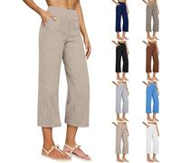 Pantaloni Lino Donna Estivi Leggeri Cotone Larghi 3/4 Pantalone Elastica Vita Alta Eleganti Gamba Larga Palazzo Pants Casual Sportivi Pantaloni da Spiaggia con Tasche Pantalone Capri Comodi Morbidi