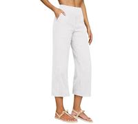 Pantaloni Lino Donna Estivi Leggeri Cotone Larghi 3/4 Pantalone Elastica Vita Alta Eleganti Gamba Larga Palazzo Pants Casual Sportivi Pantaloni da Spiaggia con Tasche Pantalone Capri Comodi Morbidi