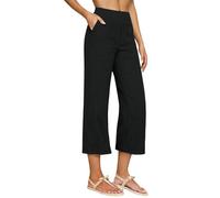 Pantaloni Lino Donna Estivi Leggeri Cotone Larghi 3/4 Pantalone Elastica Vita Alta Eleganti Gamba Larga Palazzo Pants Casual Sportivi Pantaloni da Spiaggia con Tasche Pantalone Capri Comodi Morbidi