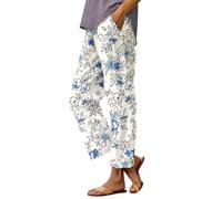 Pantaloni Lino Donna Leggeri Estivi Pantaloni Capri Spiaggia Eleganti Curvy Pantalone Ampi Elasticizzati Comodi Stampa Pantaloni Gamba Dritta Morbidi Casual Pants Cropped Taglie Forti Vita Alta