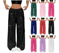 Pantaloni lunghi da donna con paillette, in argento con brillantini, lunghi e oro, con paillettes, a vita alta, pantaloni lunghi da yoga, per carnevale, Capodanno, con glitter Y2K, Colore: rosso, XXL
