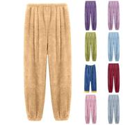Pantaloni lunghi da notte da donna, in cotone, con polsini, in flanella, morbidi, imbottiti, per il sonno, in pile