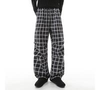 Pantaloni lunghi da uomo, colore nero, per il tempo libero, pantaloni lunghi a quadri, in cotone, a gamba larga, in flanella, con tasche, con coulisse, pantaloni relax, loungewear