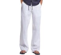 Pantaloni lunghi da uomo, in lino, in cotone, per il tempo libero, in lino e cotone, vestibilità larga, pantaloni da jogging con coulisse, casual, da spiaggia, tinta unita, per uomo, bianco, L