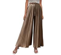 Pantaloni lunghi estivi da donna, in chiffon, culottes, a vita alta, elegante, plissettato, a gamba larga, leggeri, ariosi, per il tempo libero, pantaloni in tessuto, cachi, L