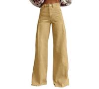 Pantaloni lunghi in jeans da donna, dritti, a vita alta, per il tempo libero, larghi, con pieghe in vita, pantaloni da jogging, leggeri, da donna, stile vintage, cachi, M