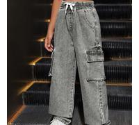 Pantaloni matita in jeans con blocchi di colore audaci e sportivi, per lo spirito scolastico, per ragazza preteenager 8Y,9Y,10Y,11Y,12YColore unicoDenim