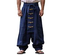 Pantaloni medievali da uomo, costume da samurai giapponese, in cotone e lino, pantaloni harem, stile gotico, vintage, con coulisse, hip hop, pantaloni per il tempo libero, pantaloni da yoga ninja, Blu
