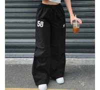 Pantaloni neri a vita bassa con grafica a stelle e scritta in inglese, stile da strada, adatti per il ritorno a scuola, carini, per picnic all'aperto in famiglia durante le vacanze primaverili e per u