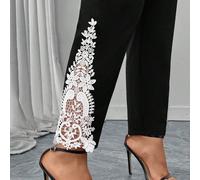 Pantaloni neri eleganti e dritti per donne curvy e formose, adatti per il lavoro e l'ufficio, con pizzo a contrasto, in tessuto elastico, pantaloni neri da donna, pantaloni estivi, bolero, vestiti est