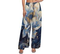 Pantaloni palazzo da donna - Blue Golden Dream Lotus, pantaloni larghi da donna a gamba larga, comodi pantaloni casual da salotto, Stile-38, XL