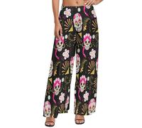 Pantaloni palazzo da donna - rosa teschio margherita pantaloni larghi da donna a gamba larga, comodi pantaloni casual da salotto, Stile-4, XXL