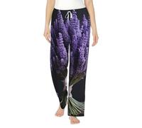 Pantaloni pigiama da donna con stampa bouquet di lavanda morbidi e comodi indumenti da notte per vacanze invernali regalo indoor relax, Nero , S