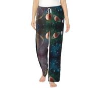 Pantaloni pigiama da donna in flanella, comodi indumenti da notte con sistema solare planet space full-print, pantaloni leggeri e traspiranti, Nero , L
