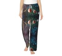 Pantaloni pigiama da donna in flanella, comodi indumenti da notte con sistema solare planet space full-print, pantaloni leggeri e traspiranti, Nero , L