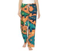 Pantaloni pigiama da donna in flanella, setosi, caldi, leggeri, con stampa di dinosauri, con coulisse e tasche, Nero , 3XL