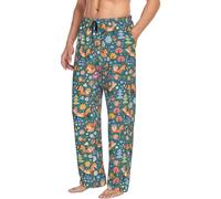 Pantaloni pigiama da uomo con tasche, volpi e uccelli nella foresta, morbidi pantaloni da uomo comodi, Nero, M