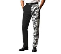 Pantaloni pull-on da uomo in poliestere con pannello grafico monocromatico | Pantaloni a vita media con gamba tinta unita e pannello illustrato in bianco e nero audace che corre lungo l'altra gamba