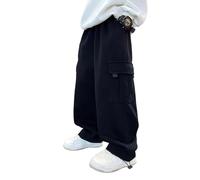 Pantaloni sportivi cargo oversize da ragazzo, atletici, a gamba larga, per corsa, palestra e lounge, pantaloni da jogging a gamba dritta, Nero , 10-11 Anni
