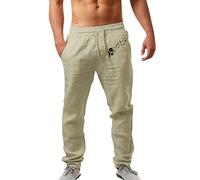 Pantaloni sportivi da uomo, in cotone e canapa, casual, da spiaggia, leggeri, traspiranti, con lacci, con tasche, pantaloni da jogging a gamba larga con stampa, M-3XL, Beige, XXL