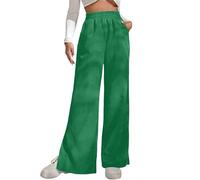 Pantaloni svasati da donna in velluto a coste a vita alta gamba larga diritto spacco laterale casual tinta unita pantaloni larghi, Verde, L