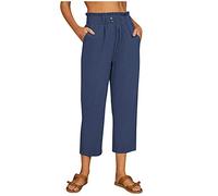 Pantaloni Vita Alta Donna Leggeri Estivi Pantaloni 7/8 Cotone E Lino Curvy Eleganti Pantalone Capri Spiaggia Elasticizzati Taglie Forti Pantalone Lunghi Vita Alta Casual Pants Gamba Dritta Tinta Unita
