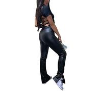 Pantaloni Vita Alta Orlo Spaccato Slim Fit Eleganti Pantaloni Lunghi in Similpelle Pantaloni da Donna Nero, Nero, taglia unica