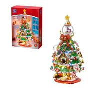 PANTASY Set di mattoncini per albero di Natale, grande modello festivo con luci LED integrate, punta a sfera di cristallo, treno vintage, pupazzo di neve, casa di pan di zenzero e mini ornamenti