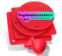 Pantelej Set di 2 sottobicchieri rotondi e 2 quadrati con 2 mini guanti resistenti al calore, antiscivolo e flessibili in silicone di alta qualità (rosso)