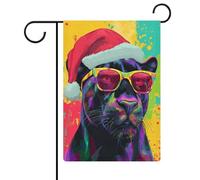 Pantera colorata che indossa cappello di Babbo Natale con occhiali da sole, bandiera da giardino, vacanze stagionali, juta, doppia faccia, bandierine esterne per casa, cortile, 30,5 x 45,7 cm
