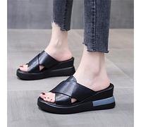 Pantofola in Pelle da Donna Sandali Estivi Comodi con Plateau Ciabatte Sandali con Zeppa Punta Aperta Casual Scarpe da Passeggio Traspiranti,Nero,US6/EU37