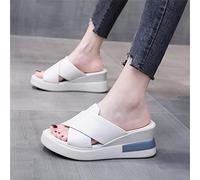 Pantofola in Pelle da Donna Sandali Estivi Comodi con Plateau Ciabatte Sandali con Zeppa Punta Aperta Casual Scarpe da Passeggio Traspiranti,Beige,US11/EU42