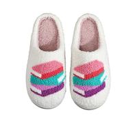 Pantofole a libro in pile con ricamo, calde, piatte e calde | Ricamo con motivo a libro, morbido pile, suola piatta antiscivolo, design carino, UK 3-8, lettura accogliente e relax a casa