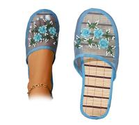 Pantofole cinesi da donna, traspiranti, in rete con perline floreali, con soletta in bambù, muli leggeri in rete, scarpe da casa decorate per interni, Blu, 39.5 EU