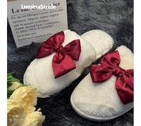 Pantofole con fiocco in raso bordeaux, pantofole da casa, pantofole da camera in pelliccia verde con punta chiusa e traspiranti, pantofole da donna, regalo di San Valentino, pantofole regalo CN36-37,C