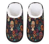 Pantofole con teschio di zucchero del giorno dei morti, per donne e uomini, pantofole da viaggio per interni in peluche, Multicolore, 4/7 UK Wide