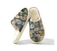 Pantofole da donna antiscivolo da casa per interni | Pantofole bianche da fattoria con margherite bianche e piante botaniche, morbide, chiuse, lavabili, leggere