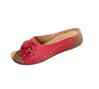 Pantofole da donna con plantare, con plateau e fiori, estivi, per interni ed esterni, per l'estate e la spiaggia, con zeppa, Colore: rosso, 39 EU
