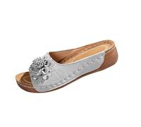 Pantofole da donna con plantare, con plateau e fiori, estivi, per interni ed esterni, per l'estate e la spiaggia, con zeppa, argento, 37 EU