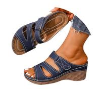 Pantofole da donna con suola rotonda spessa, punta cava, chiusura a clip e tacco obliquo, scarpe da casa, pantofole da donna, numero 38, Blu marino, 42 EU