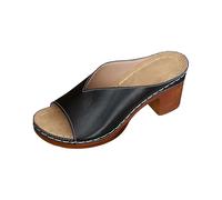Pantofole da donna con tacco, estive, comode, da donna, traspiranti, in pelle di pupelle, boho, in sughero, con tacco a blocco, alla moda, sandali con suola solida, Nero , 36 EU