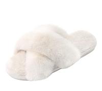 Pantofole da donna Cross Strap Soft Plush Plush comode Open Toe Slippers Indoor Outdoor Artificial Rabbit Fur Caldo e confortevole Antiscivolo e traspirante, Bianco, 40-41 EU