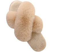 Pantofole da donna Cross Strap Soft Plush Plush comode Open Toe Slippers Indoor Outdoor Artificial Rabbit Fur Caldo e confortevole Antiscivolo e traspirante, Cammello, 38-39 EU