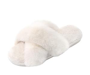 Pantofole da donna Cross Strap Soft Plush Plush comode Open Toe Slippers Indoor Outdoor Artificial Rabbit Fur Caldo e confortevole Antiscivolo e traspirante, Bianco, 40-41 EU